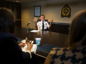 Edmonton Police Service Chief Rod Knecht speaks with the media during Coffee With The Chief at EPS headquarters in Edmonton, Alta., on Friday May 22, 2015. The chief spoke to a wide range of topics from the pressures of urban development, staffing levels, technology, recruitment, steriod abuse among officers and the need for a wellness centre among others. Ian Kucerak/Edmonton Sun