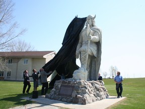 Gimli's Viking statue had work done on it in the past month to repair damage done due to aging. The restored statue was revealed on Friday. (CASSIDY DANKOCHIK/INTERLAKE SPECTATOR PHOTO)