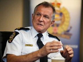 Edmonton Police Service Chief Rod Knecht speaks with the media during Coffee With The Chief at EPS headquarters in Edmonton, Alta., on Friday May 22, 2015. The chief spoke to a wide range of topics from the pressures of urban development, staffing levels, technology, recruitment, steroid abuse among officers and the need for a wellness centre among others. Ian Kucerak/Edmonton Sun