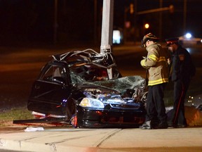 Police and fire crews responded to a collision on Cotrelle Blvd. in Brampton just after 2 a.m. on May 23, 2015. (Andrew Collins/Special to the Toronto Sun)