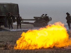 Ukraine's voluntary militia called the Azov Battalion holds artillery training in east Ukraine's village of Urzuf that sits west of the port city of Mariupol on the Azov Sea, March 19, 2015. REUTERS/Marko Djurica