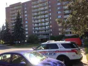 The apartment building at 45 Baif Blvd. where a woman was found dead in one of the units on May 23, 2015. (Shawn Jeffords/Toronto Sun)