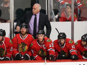Chicago Blackhawks head coach Joel Quenneville during the third period in game three of the Western Conference final of the 2015 Stanley Cup Playoffs against the Anaheim Ducks at United Center May 21, 2015 in Chicago. (Jerry Lai-USA TODAY Sports)