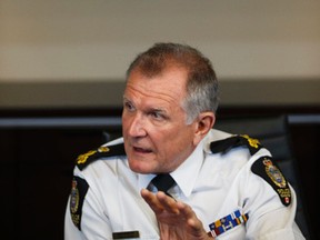 Edmonton Police Service Chief Rod Knecht speaks with the media during Coffee With The Chief at EPS headquarters in Edmonton, Alta., on Friday May 22, 2015. The chief spoke to a wide range of topics from the pressures of urban development, staffing levels, technology, recruitment, steriod abuse among officers and the need for a wellness centre among others. Ian Kucerak/Edmonton Sun/Postmedia Network