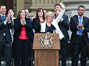 Premier Rachel Notley gives a speech during the swearing-in ceremony for the NDP government cabinet at the Alberta Legislature on Sunday, May 24, 2015.