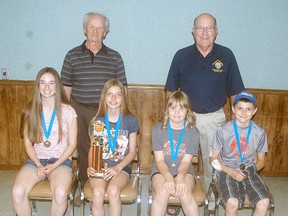 Ten winners from the local Knights of Columbus free throw competition moved on to the district competition in Petrolia, with five then advancing to the regional competition in London. The five include, from left to right, Kyra Ritchie, Laura Marcus, Grace de Bakker and Drew Aarssen. Absent is Dan Jacques. Knights of Columbus members Jack Renders and Barry McFadden are in the back row. Laura Marcus was named a provincial winner after nailing 21 out of 25 free throw attempts.