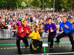 Blue Wiggle: Anthony Field (founding member), Red Wiggle: Simon Pryce, Yellow Wiggle: Emma Watkins, Purple Wiggle: Lachlan Gillespie (submitted photo)