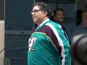 Calgary mayor Naheed Nenshi belted out the song Let It Go from the Disney Movie 'Frozen' as part of a bet with Anaheim's mayor on Monday, May 25, 2015.