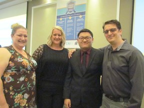 Lambton College Centre for Academic Integrity student ambassadors, from left, Jennifer Keane, Rachel Frauley, Zhe Liu and Trevor Morris, unveiled a student integrity credo during a professional development session at the college Event Centre on Monday May 25, 2015 in Sarnia, Ont. Paul Morden/Sarnia Observer/Postmedia Network