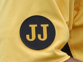 The Port Lambton Pirates baseball team will be wearing a patch on their uniforms to honour super-fan Jim Johnston, who died in December 2014. (DAVID GOUGH/COURIER PRESS/Postmedia Network)