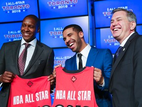 Toronto Raptors president and GM Masai Ujiri (from left), rapper Drake and MLSE president and CEO Tim Leiweke at the announcement that Toronto will host the 2016 NBA all-star game at the Air Canada Centre in Toronto September 30, 2013. (Ernest Doroszuk/Toronto Sun)