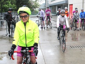Riders taking part in the annual Seven Days in May cycle ride around Lake Ontario to raise money for pancreatic cancer research leave the Cancer Research Institute in Kingston for the next leg of their 1,100 kilometre journey. (Michael Lea/The Whig-Standard)