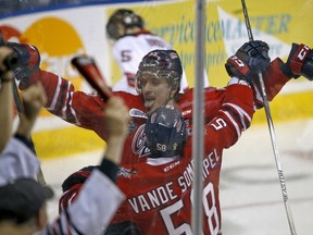 Oshawa Generals? Michael McCarron celebrates his goal against the Quebec Remparts at the Memorial Cup in Quebec City on Sunday. (Reuters)