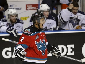 Kelowna Rockets Madison Bowey celebrates his goal against the Rimouski Oceanics during the first period of their Memorial Cup hockey game at the Colisee Pepsi in Quebec City, May 25, 2015. (REUTERS/Mathieu Belanger)