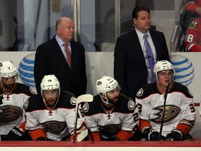 Head coach Bruce Boudreau of the Anaheim Ducks looks on from the bench against the Chicago Blackhawks in Game Three of the Western Conference Finals at the United Center on May 21, 2015 in Chicago. (Tasos Katopodis/Getty Images/AFP)