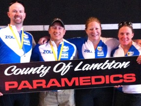 Some Lambton County paramedics who took part in last year's Paramedic Challenge at the Becel Heart & Stroke Ride For Heart in Toronto are shown posing for a photo. This year, another team from Lambton County is returning to the challenge to again raise money for local public access defibrilators. Pictured are Dan McBean, (left) Jay Cudney, Jen Woodiwiss, and Lori Vermeersch. (Handout /Sarnia Observer/Postmedia Network)
