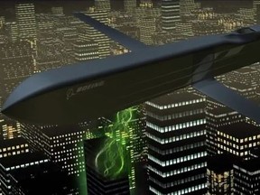 The American electromagnetic pulse weapon, called CHAMP, is seen in this simulated image targeting a specific object from a stealth plane. (YouTube/Screengrab)