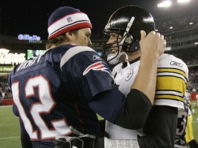 New England Patriots quarterback Tom Brady and Pittsburgh Steelers quarterback Ben Roethlisberger talk after their NFL game in Foxborough.
(Postmedia Network file photo)