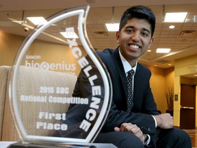 Aditya Mohan poses for a photo in Ottawa Tuesday May 26, 2015. Mohan, from Colonel By Secondary School in Ottawa, has been awarded top honours at the national final of the Sanofi Biogenius Canada competition in Ottawa Tuesday. Tony Caldwell/Ottawa Sun/Postmedia Network
