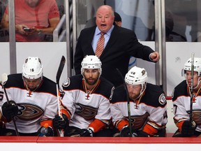 Anaheim Ducks coach Bruce Boudreau yells during Game 3 of the Western Conference final against the Chicago Blackhawks at United Center. (Jerry Lai/USA TODAY Sports)