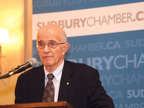 Frank Iacobucci, a former Justice of the Supreme Court of Canada, addresses an audience at the Greater Sudbury Chamber of Commerce President's Series Luncheon in Sudbury, Ont. on Tuesday May 26, 2015. John Lappa/Sudbury Star/Postmedia Network