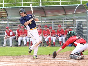 Gabriel Guzzo, left, of Bishop Carter Gators, dodges a pitch during NOSSA boys baseball action against Elliot Lake at the Terry Fox Sports Complex in Sudbury, Ont. on Tuesday May 26, 2015. John Lappa/Sudbury Star/Postmedia Network