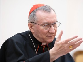 Cardinal Pietro Parolin, the Vatican's Secretary of State, speaks during his official visit with Belarussian Foreign Minister Vladimir Makei in Minsk, March 13, 2015.  REUTERS/Vasily Fedosenko