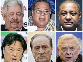 Present or former FIFA officials (L to R, from upper row) Rafael Esquivel, Julio Rocha, Jeffrey Webb, Eduardo Li, Eugenio Figueredo and Jose Maria Marin. The US Justice Department announced on May 27, 2015 charges against nine present or former FIFA officials as part of a major investigation into corruption at the core of football's world governing body. Seven were arrested in Zurich, Switzerland. (AFP PHOTO)