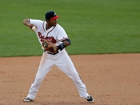 Elmer Reyes of the Atlanta Braves makes a throw to first base during a Grapefruit League game against the Washington Nationals at Champion Stadium on March 12, 2014 in Lake Buena Vista, Fla. (Stacy Revere/Getty Images/AFP)