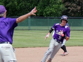 Tristan Buntrock of the St. Clair Colts senior boys baseball team rounds third base during a game against the Sandwich Sabres at Errol Russell Park  on Wednesday May 27, 2015 in Sarnia, Ont. (Terry Bridge/Sarnia Observer/Postmedia Network)