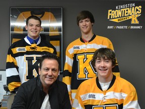 Clockwise from top left: Frontenacs first-round pick Robbie Burt, second-round picks Jacob Paquette and Jakob Brahaney and Frontenacs general manager Doug Gilmour. (Kingston Frontenacs)