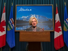 Alberta premier Rachel Notley speaks with media at the McDougall Centre in Calgary, Alta., on Wednesday, May 27, 2015. Notley's NDP government cabinet was sworn in the day before. Lyle Aspinall/Calgary Sun