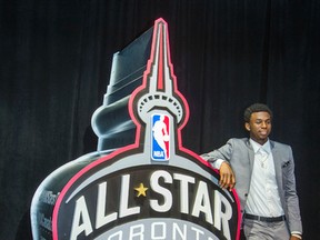Andrew Wiggins was the poster child for the unveiling of the 2016 NBA all-star logo at the base of the CN Tower yesterday. More than anything, Wiggins wants to participate in the main game. (Ernest Doroszuk/Toronto Sun)