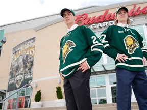 The newest commitments to the London Knights junior hockey team, defenceman Evan Bouchard and forward Robert Thomas, pose for a photo outside of Budweiser Gardens. (CRAIG GLOVER, The London Free Press)