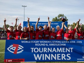 The Canadian national women’s sevens rugby team were all smiles after beating Australia in Amsterdam and locking up a spot in the 2016 Summer Games. (Ian Muir/Rugby Canada)