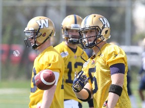 Winnipeg Blue Bombers quarterbacks (from left) Jordan Yantz,  Brian Brohm and Drew Willy. (BRIAN DONOGH/Winnipeg Sun)