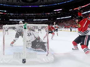 Brandon Saad of the Chicago Blackhawks celebrates a second period goal against the Anaheim Ducks in Game 6 of the Western Conference final during the 2015 NHL playoffs at the United Center on May 27, 2015. (Jonathan Daniel/Getty Images/AFP)