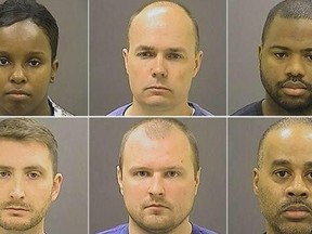This Baltimore police Department handout photo shows Baltimore, Maryland police officers, (L-R) Sgt. Alicia White, Lt. Brian Rice, Ofc. William Porter, Ofc. Edward Nero, Ofc. Garrett Miller and Ofc. Caesar Goodson Jr. A grand jury indicted six Baltimore police officers May 21, 2015 over the death of African-American Freddie Gray in their custody last month, a state attorney said. The six officers were previously charged and are now indicted in connection with the arrest and death of 25-year-old Gray, who succumbed to a serious spinal injury suffered while in the back of a police van in April. One officer is indicted for second-degree murder. State Attorney Marilyn Mosby said the grand jury found probable cause to formally indict the officers, adding they were expected to appear in court in July. AFP PHOTO/BALTIMORE POLICE DEPARTMENT/HANDOUT