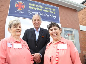 JASON MILLER/THE INTELLIGENCER
Drew Brown, of the BGH Foundation is pictured here with Jane Batey (left), president of the Belleville General Hospital Auxillary, and Doreen Cook, convener of the Auxillary’s Opportunity Shop, who announced the shop will be raising $100,000 toward cancer care over the next four years.