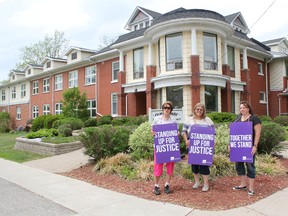 Chief steward Nancy Young (L), SEIU rep Mana Lindsay and PSW Peggy Smith picketing outside Queensway Retirement Living in Hensall on May 25. (Laura Broadley Clinton News Record)