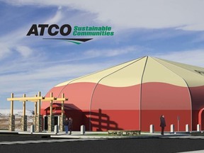 A rendering of the proposed multipurpose facility announced today. The 36,000 sq. ft. structure will be built in Brocket and serve as an ice rink and community gathering space. 

From the press release: The facility will be constructed using ATCO’s modular units for the dressing rooms and offices, within an engineered Performance Arena membrane shell produced by Sprung and augmented by R30 insulation, plasma lighting and Odorox™ air purification systems.