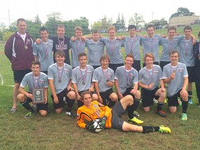 The North Lambton Eagles senior boys high school soccer team won the SWOSSAA final against the Westview Freedom Academy Falcons and will now advance to A OFSAA June 4-6 in North Bay. Back row from left are Michael Backx, Thomas Kingma, Jordan Teeple, Steve Van Den Heuvel O'Neil, Jared Sanders, Jacob Koolen, Jared McCann, Ben Kobe, Clay Kelders and Jacob Atkinson. Middle row from left are Mike Bos, Josh Kwarciak, Chris Janssen, Jordan Kwarciak, Tanner Getty, Trenton Straatman and Justin Vandenberk. In front is Billy Dortmans. (Handout/Sarnia Observer/Postmedia Network)