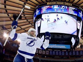 Tampa Bay Lightning captain Steven Stamkos celebrates after scoring a goal against the New York Rangers during the second period in Game 5 of the Eastern Conference finals during the 2015 NHL playoffs at Madison Square Garden on May 24, 2015. (Bruce Bennett/Getty Images/AFP)