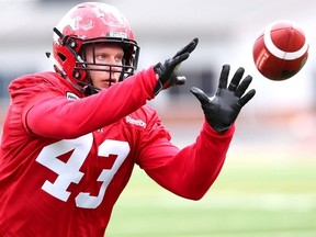 Calgary Stampeders linebacker Max Caron takes part in a drill during the first day of training camp at McMahon Stadium in Calgary on Thursday. (Darren Makowichuk/Postmedia Network)