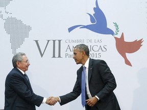 U.S. President Barack Obama shakes hands with Cuba's President Raul Castro as they hold a bilateral meeting during the Summit of the Americas in Panama City, Panama in this file image from April 11, 2015. (REUTERS/Jonathan Ernst/Files)