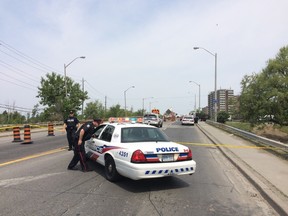Toronto Police have shut down a section of Markham Rd., north of Eglinton Ave. E., in the wake of a shooting Friday morning. (CHRIS DOUCETTE/Toronto Sun)