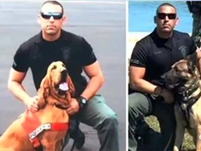 Images of Hialeah police officer Nelson Enriquez and two police dogs that died after being left in a hot SUV. (YouTube)
