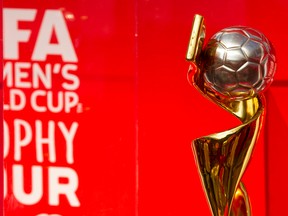 This cup is coming! First game June 6th. The FIFA Women's World Cup is seen during the FIFA Women's World Cup Trophy Tour stop at West Edmonton Mall in Edmonton, Alta., on Sunday May 17, 2015.  Ian Kucerak/Edmonton Sun