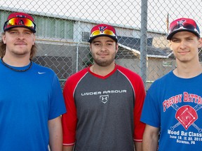 Kingston Ponies' Brodie Burns,left, John Kalivas and Spencer Green before practice at Megaffin park in Kingston, Ont. on Wednesday May 27, 2015. Julia McKay/The Kingston Whig-Standard/Postmedia Network