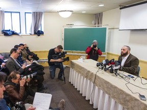 Adil Charkaoui speaks to reporters during a press conference at the Centre St-Pierre in Montreal, Quebec, February 27, 2015.  Charkaoui, a Muslim teacher once jailed by Canada as a security threat denied on Friday he had radicalized Canadian teens believed to have headed to Syria to fight with Islamic State, saying his school had only brief contact with one of the six students.  REUTERS/Dario Ayala